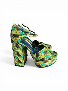 Zara Green and Teal Patterned Platform Heels Retro worn once!